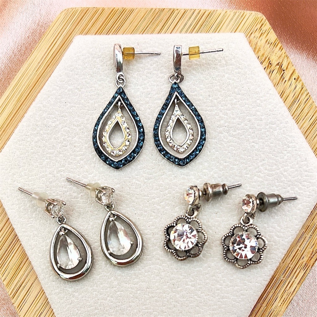 Vintage Estate Pierced Earrings Lot 3 Teardrop Floral Dangle Clear Crystal